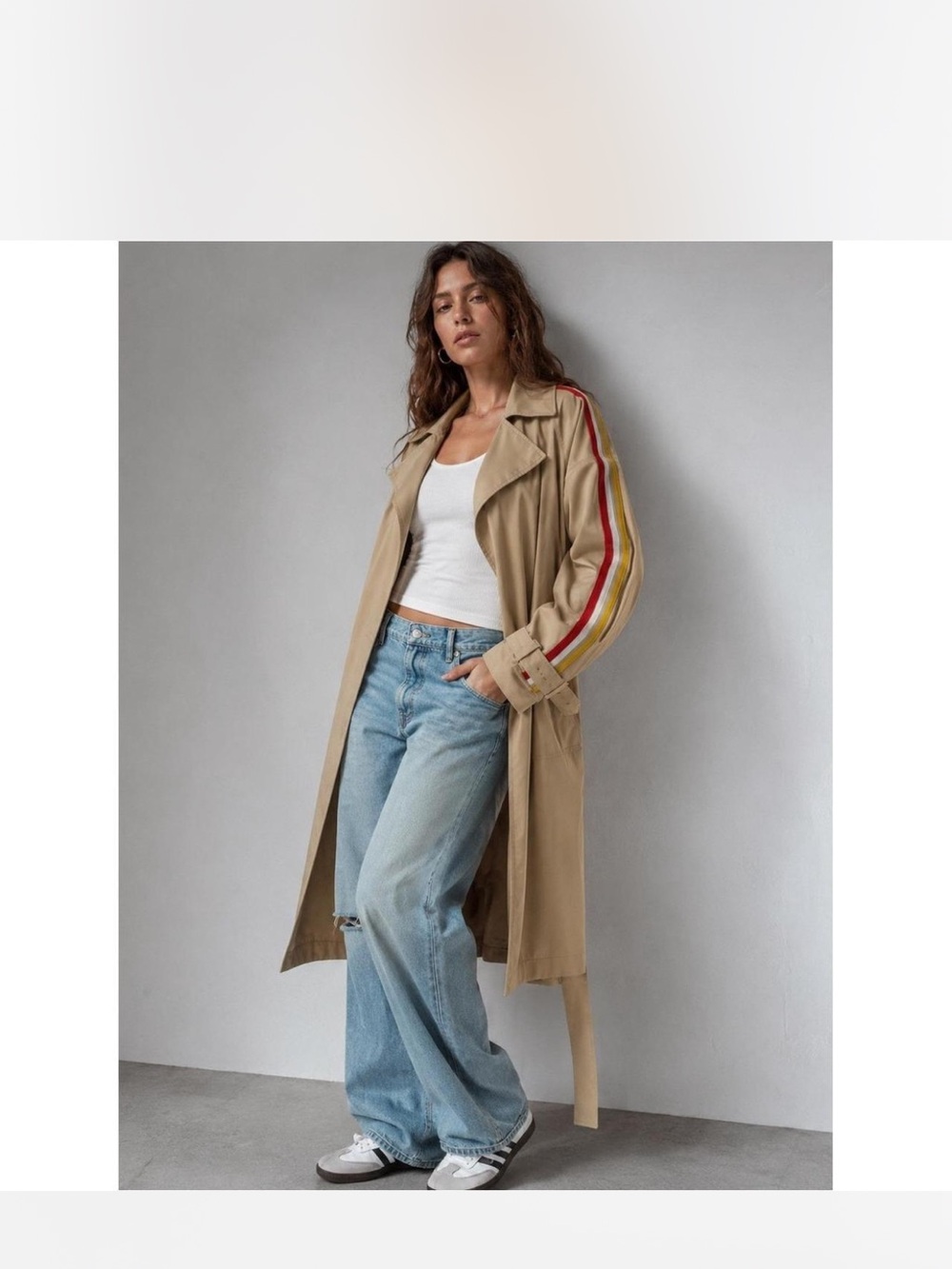 Zara Beige Trench Coat with Red & Yellow Sleeve Stripes
